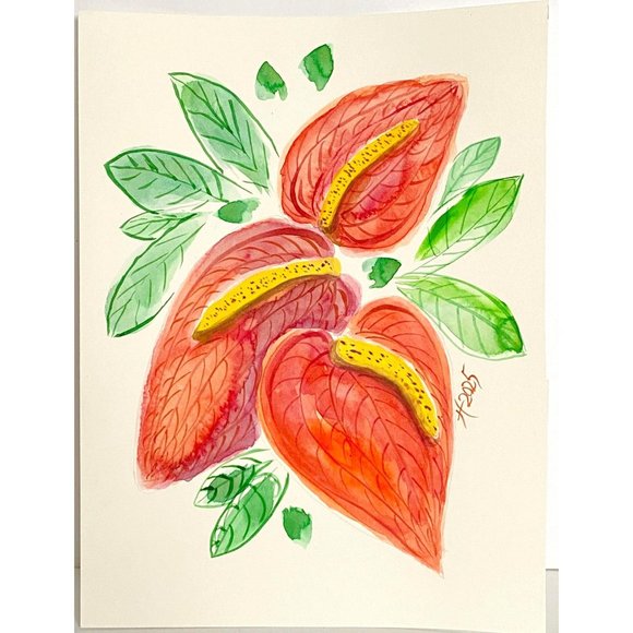 Valentine Anthurium Original Wall Art Watercolor Painting Matted 8x10in - Picture 2 of 8